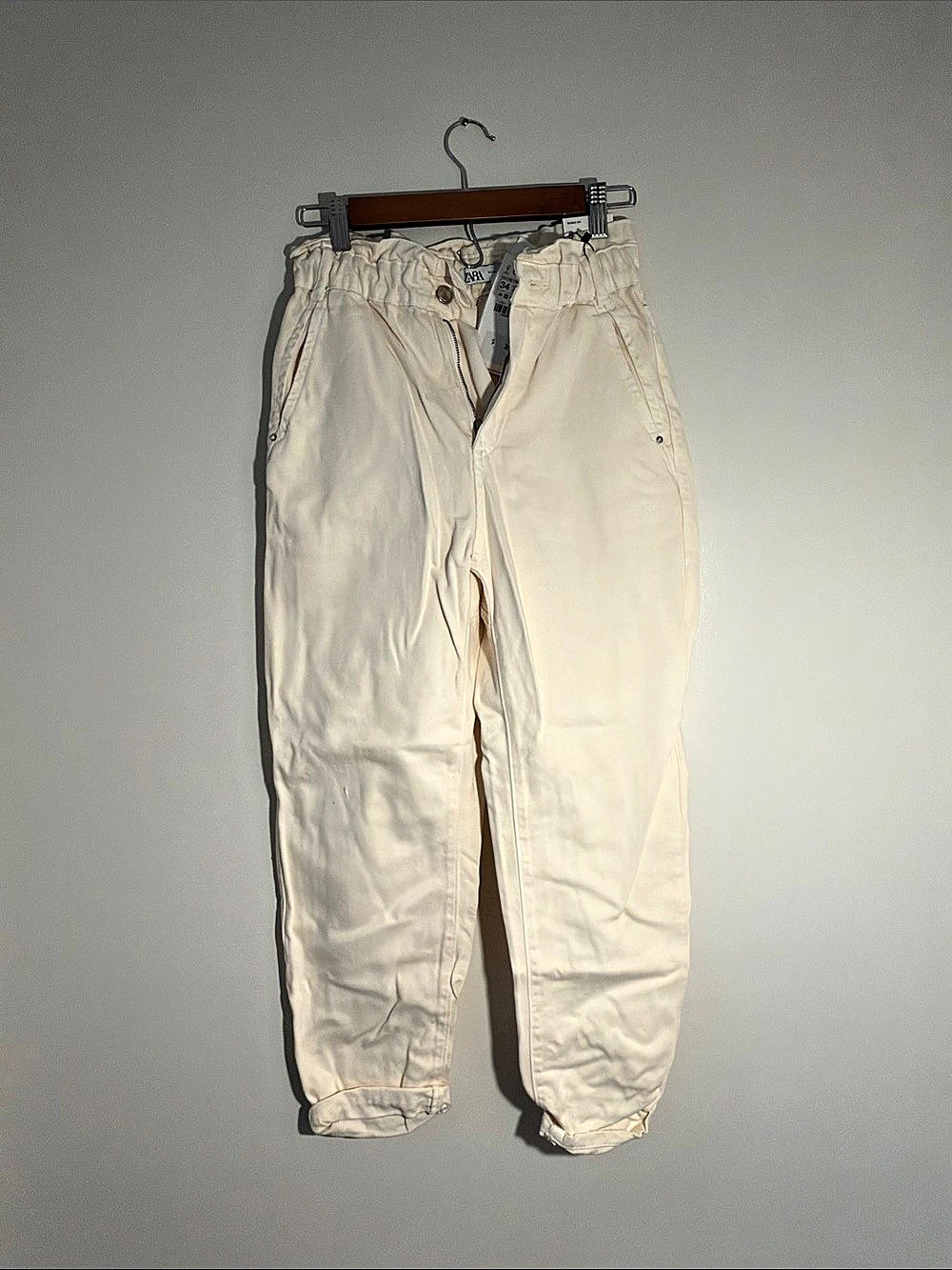 ZARA Baggy Paperbag Pants Cotton Ankle Pants Cream Size 34
